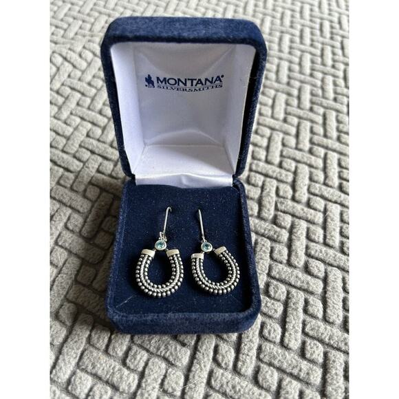 Montana Silversmiths Dangle Earrings Horseshoe And Aqua Rhinestone Western NIB - Picture 2 of 5